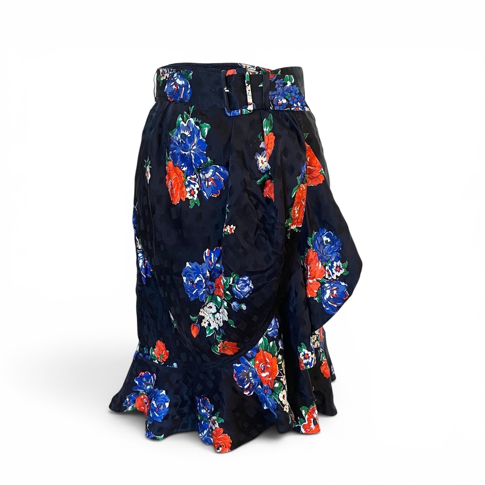 Tory Burch Skirt Womens 0 Black Floral Jacquard Belted Ruffle Midi Skirt